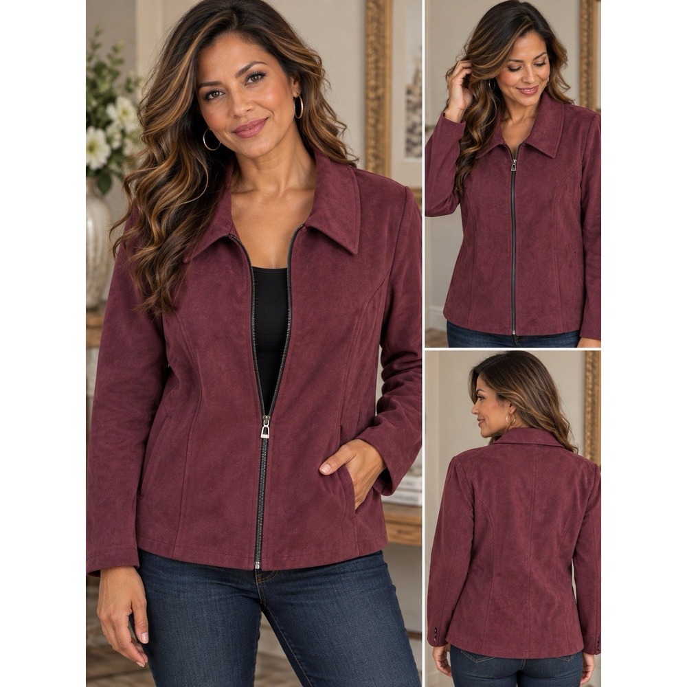 Positive Attitude Women's 2X Burgundy Faux Suede Zip Front Jacket Blazer